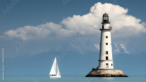 Wallpaper Mural Sailboat and Lighthouse by the Mountains, sea, ocean, water, sky, clouds Torontodigital.ca
