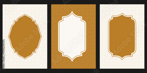 Collection of modern style Eid Al-Fitr Mubarak Ramadan Mubarak greeting cards with Windows and arches, Islamic Style Greeting Background  with Arabic Ornaments.