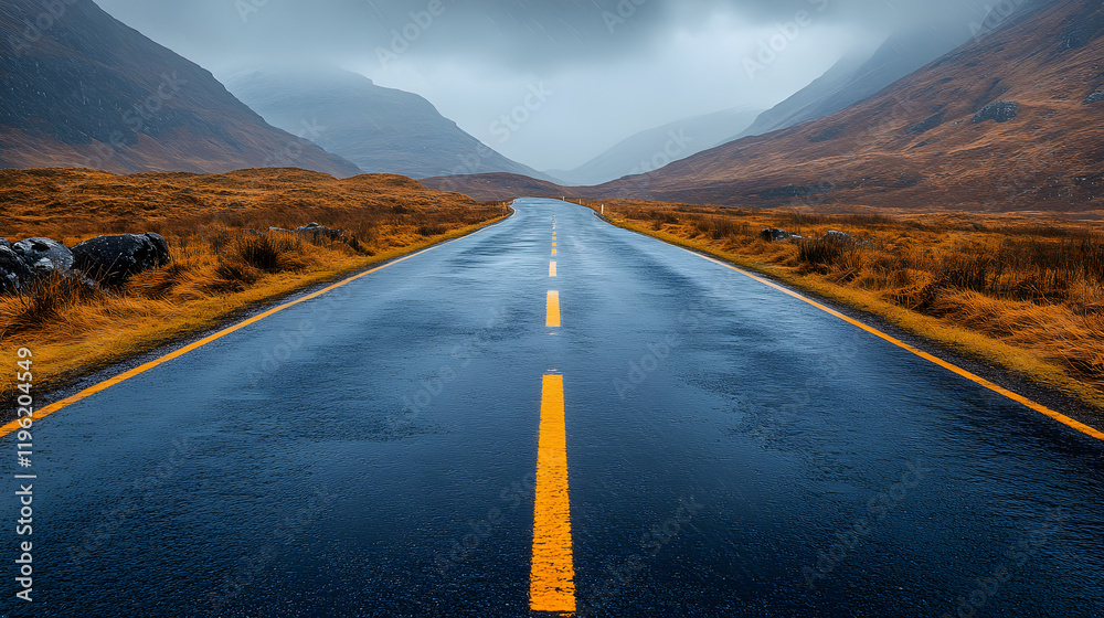 Fototapeta premium A road with a yellow line and a cloudy sky. The road is wet and the sky is overcast