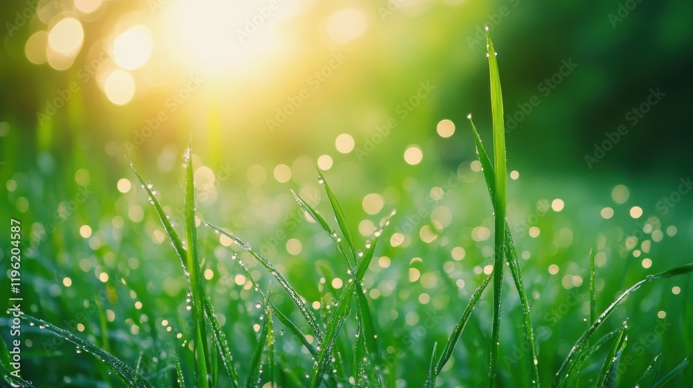 Fototapeta premium Dew kissed grass in early morning with soft bokeh and glistening droplets