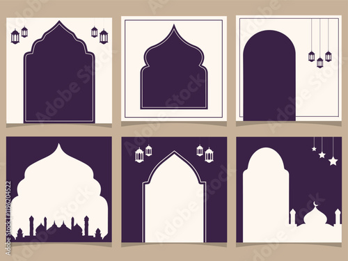 Collection of modern style Eid Al-Fitr Mubarak Ramadan Mubarak greeting cards with Windows and arches, Islamic Style Greeting Background  with Arabic Ornaments.