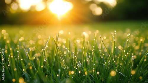 Dew kissed grass in early morning with soft bokeh and glistening droplets