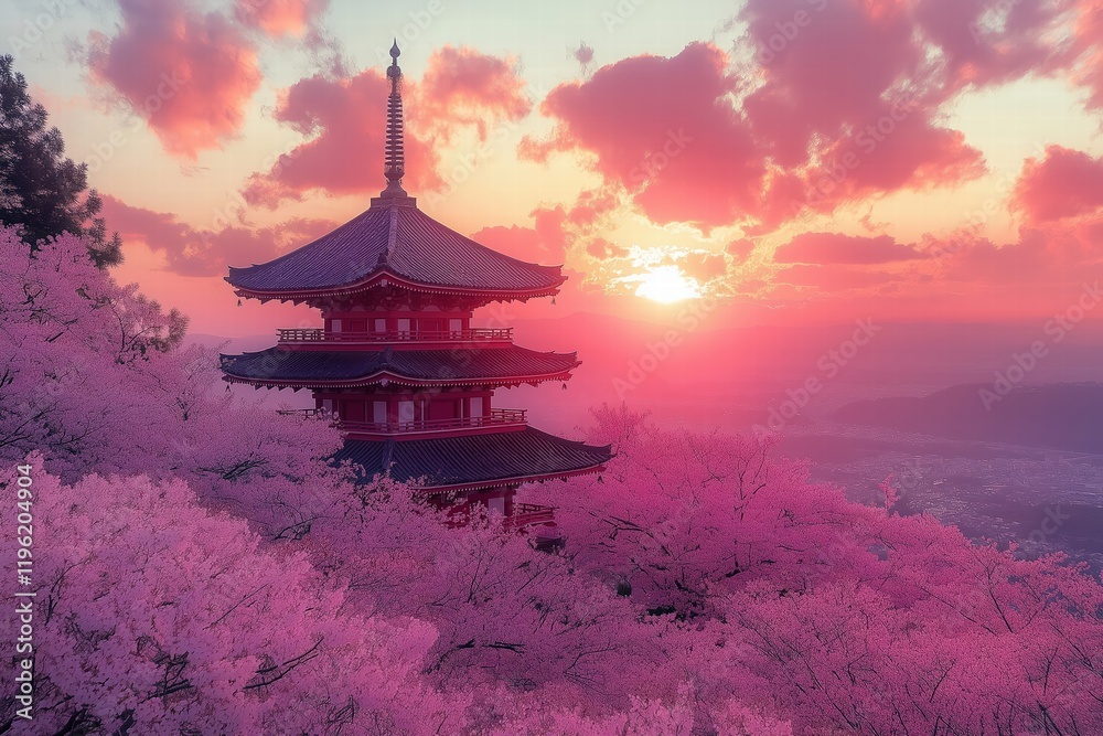 Obraz premium Beautiful cherry blossom sunset over traditional pagoda in Japan with vibrant pink clouds