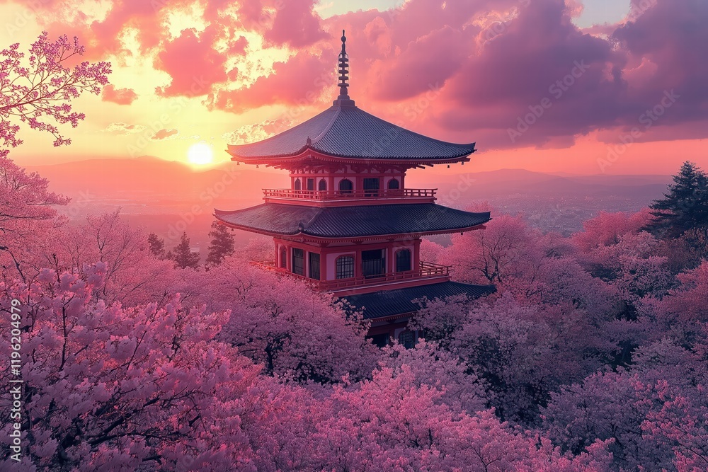 Obraz premium Visit to a serene temple during cherry blossom season at sunset in Japan