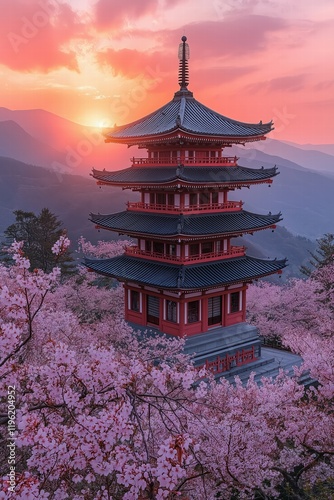 Cherry blossoms surround a pagoda at sunset in a tranquil mountain setting