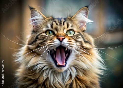 Fluffy Cat Yawning, Big Mouth, High Depth of Field, Cute Pet Photo, Adorable Kitten