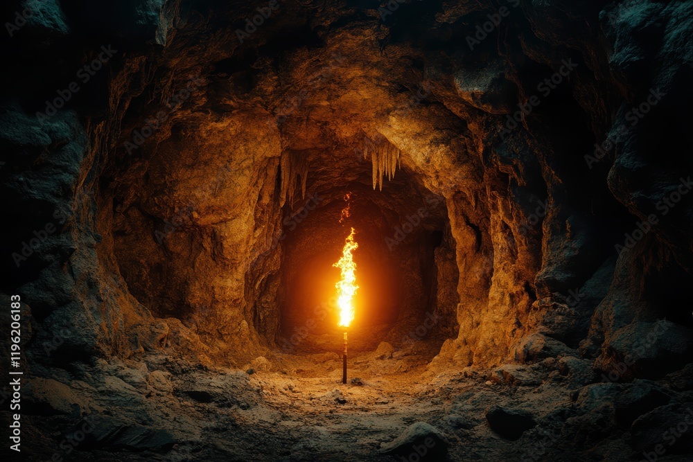 Dark cave with a single torch flame lighting up the surrounding walls, casting eerie shadows and creating a mysterious, ancient atmosphere. Dark cave with a single torch flame lighting up the surrounding walls, casting eerie shadows and creating a mysterious, ancient atmosphere.