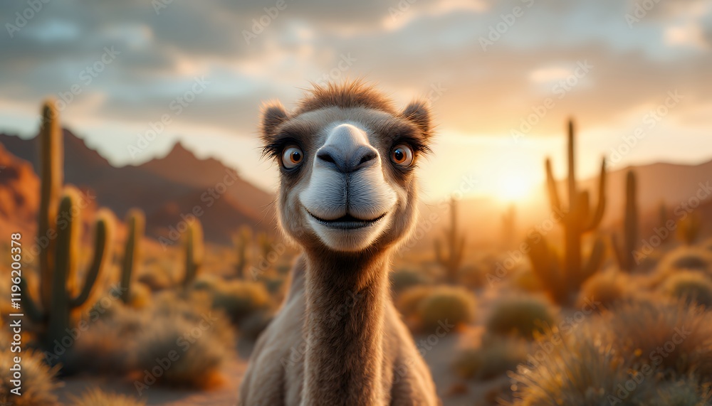 Obraz premium Cheerful Camel at Sunset in the Desert