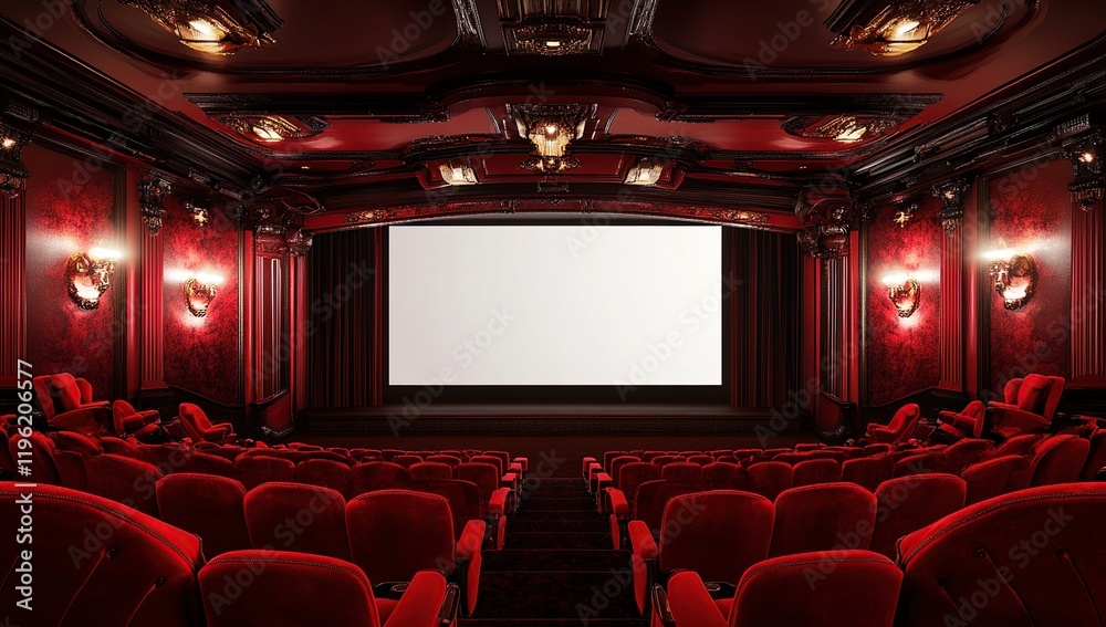 Obraz premium Experience Luxurious Red Velvet Cinema Seating in a Grand Theater with Ornate Architecture, Enjoying a Captivating Movie Night