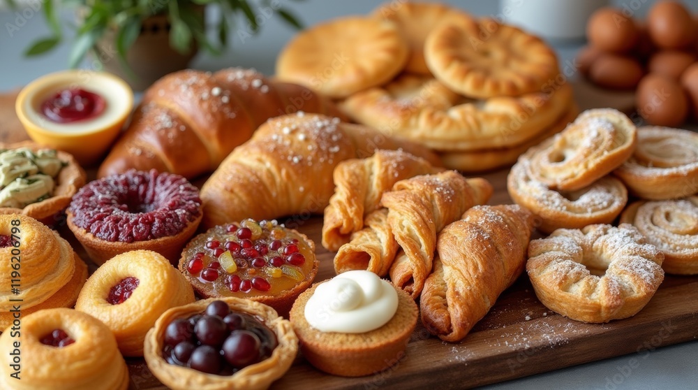 A beautifully arranged pastry platter featuring an assortment of delectable pastries, including croissants, danishes, and tarts, perfect for a delightful brunch or dessert table