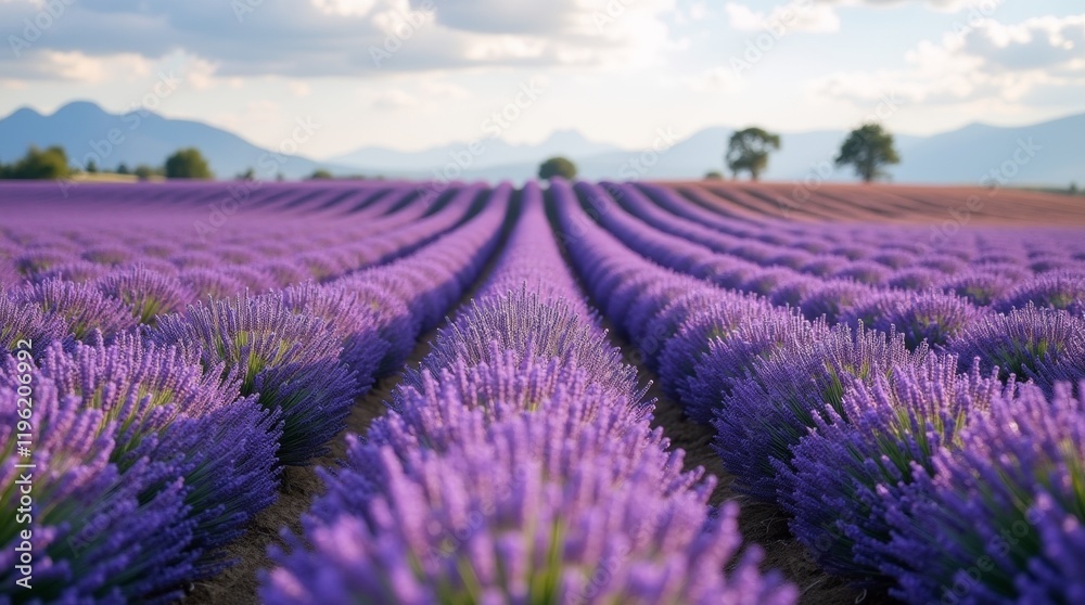 Obraz premium A breathtaking lavender field in full bloom, showcasing endless rows of vibrant purple flowers swaying gently in the breeze, creating a serene and aromatic landscape.