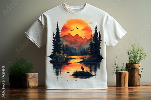 Sunset landscape print on white t-shirt. photo