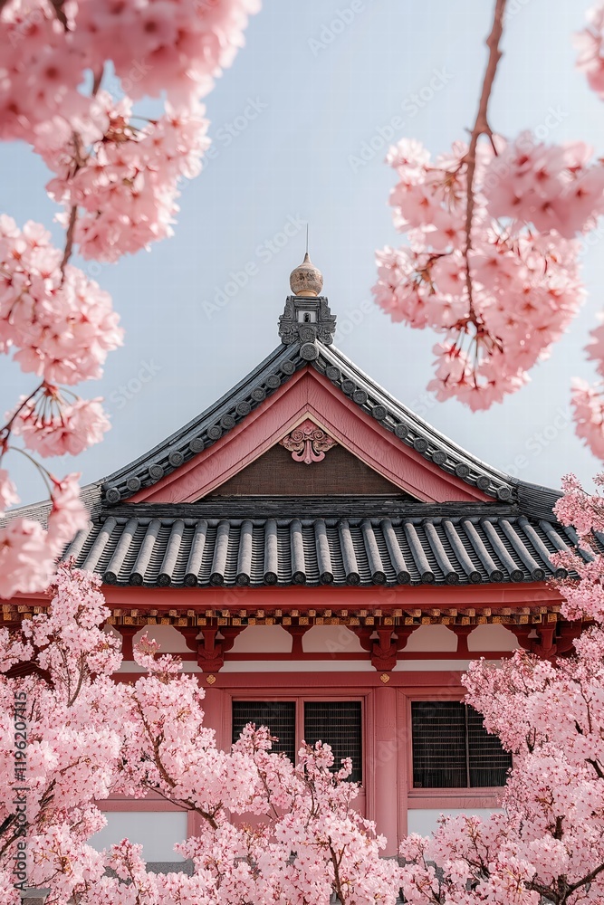 Cherry blossoms frame a beautiful traditional temple in springtime elegance Cherry blossoms frame a beautiful traditional temple in springtime elegance