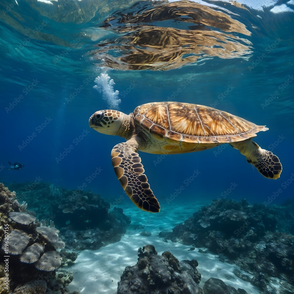 Fototapeta premium Deep Blue Serenity: A Loggerhead Turtle and Diver's Shared Moment