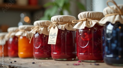 A charming display of homemade jam jars lined up on a rustic wooden table, showcasing a variety of colorful jams, including strawberry, raspberry, and blueberry