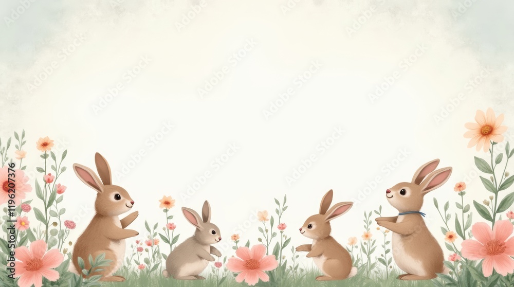 An illustrated frame of spring flowers and bunnies in soft pastel colors, creating a whimsical and cheerful border perfect for spring-themed designs and celebrations An illustrated frame of spring flowers and bunnies in soft pastel colors, creating a whimsical and cheerful border perfect for spring-themed designs and celebrations