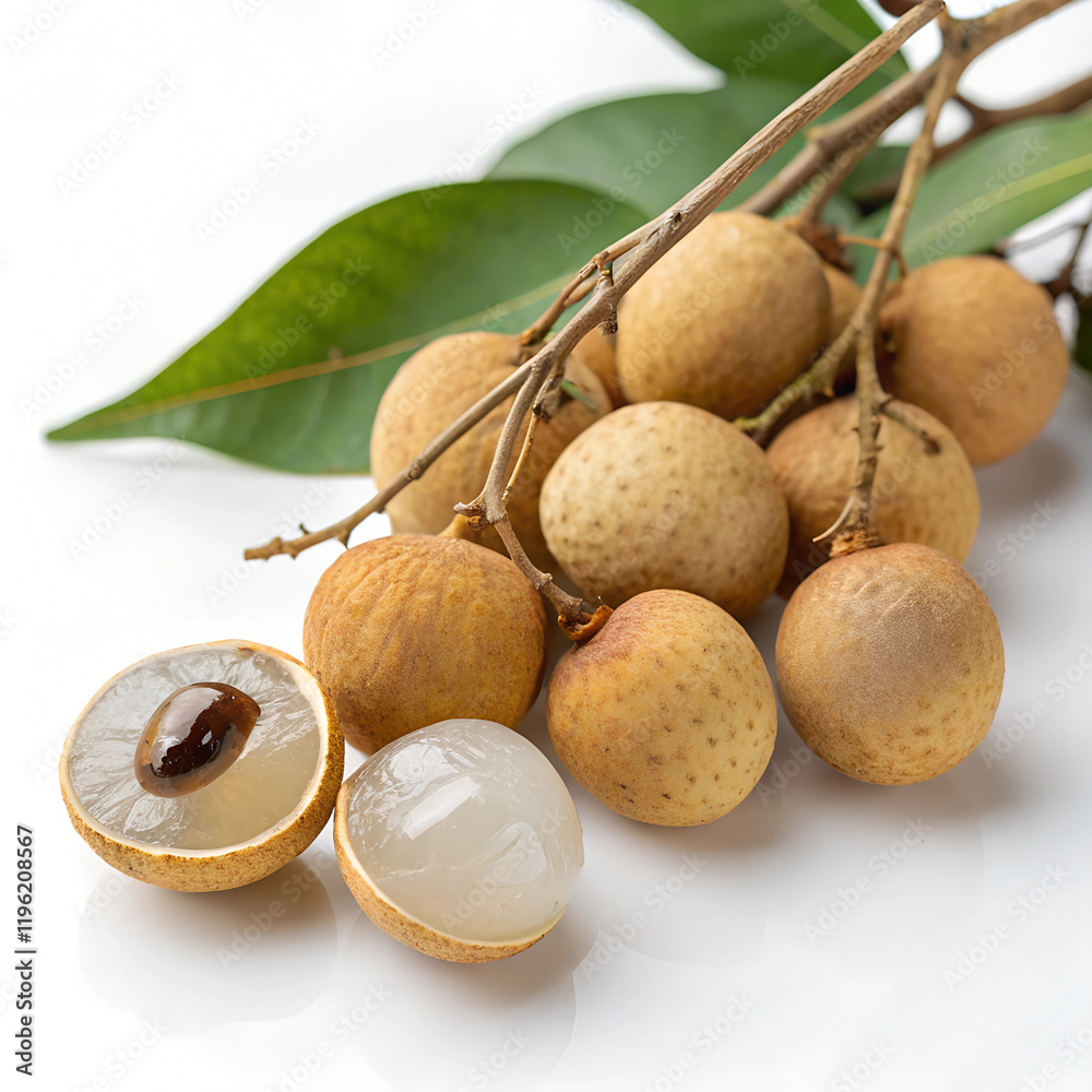 A small cluster of longan fruits with translucent flesh inside thin, brown skins, arranged naturally A small cluster of longan fruits with translucent flesh inside thin, brown skins, arranged naturally