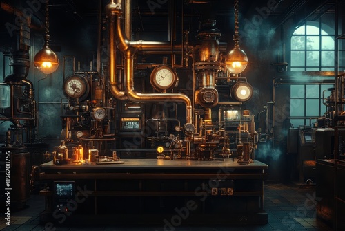 Dark steampunk laboratory with brass pipes, dimly lit bulbs, and shadowy corners, evoking an air of mystery and industrial chaos. photo