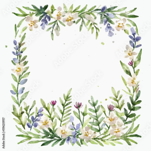 Watercolor floral seamless border. A hand-painted frame of green leaves, wildflowers, and field flowers is isolated on a white background. Illustration for design, print, and background.