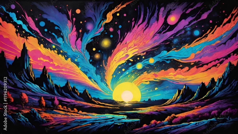 Obraz premium Surreal desert landscape with colorful nebula clouds glowing beneath setting sun