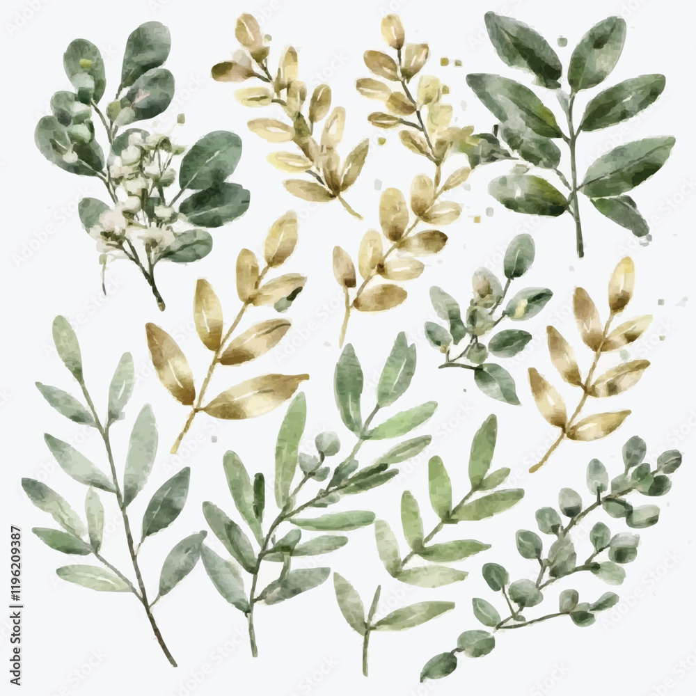 Naklejka premium Watercolor floral illustration set - green & gold leaf branches collection, for wedding stationery, greetings, wallpapers, fashion, and background. Eucalyptus, olive, green leaves, etc.