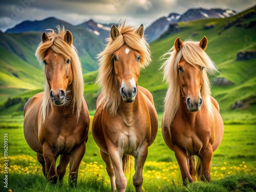 Icelandic Horses Field Portrait Photography - Majestic Icelandic Horse Trio in Scenic Landscape