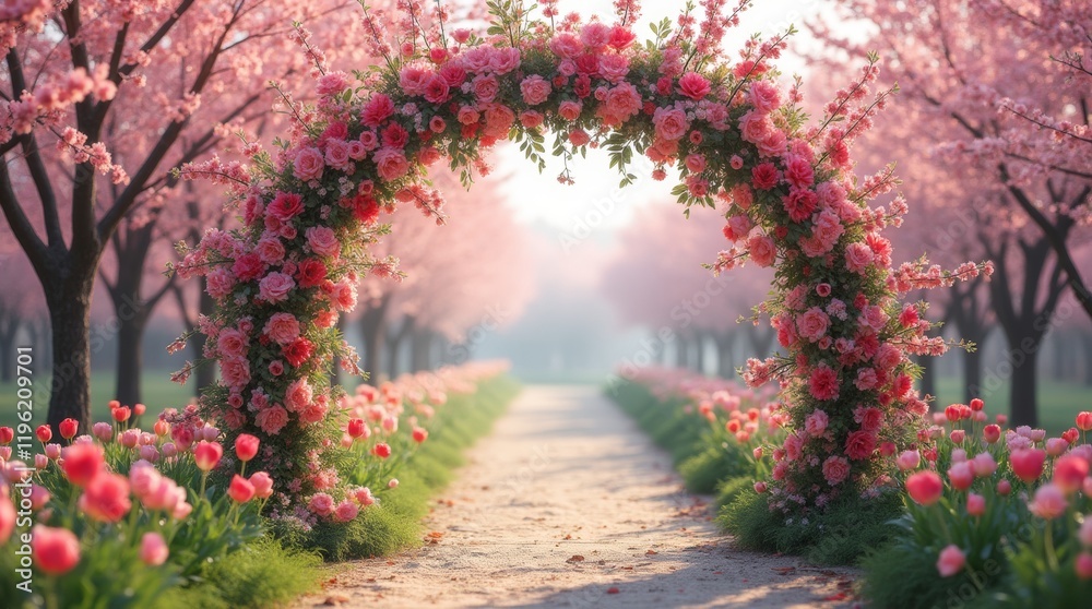 Fototapeta premium A stunning blossom archway adorned with vibrant flowers, creating a picturesque entrance that evokes a sense of romance and beauty, perfect for spring celebrations and events.