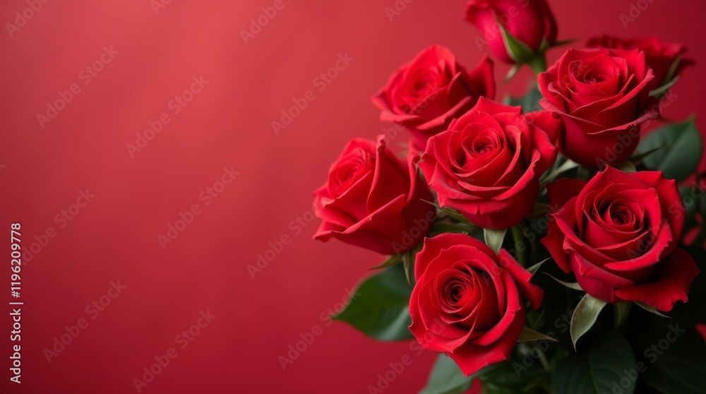 Bouquet of romantic roses close up detail with blank empty gift greeting card mockup against vibrant red background, flat lay. Valentine's day concept. Bouquet of romantic roses close up detail with blank empty gift greeting card mockup against vibrant red background, flat lay. Valentine's day concept.