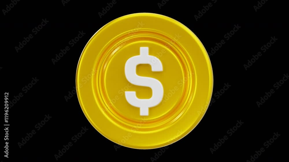 3D Animation of Gold Dollar Coin, Alpha Channel, Prores 3D Animation of Gold Dollar Coin, Alpha Channel, Prores