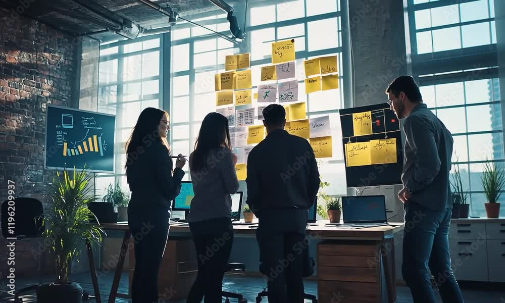 Team brainstorming in a modern office with sunlight streaming