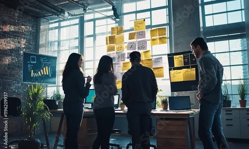 Team brainstorming in a modern office with sunlight streaming