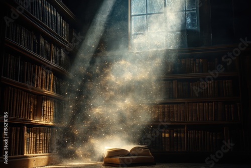 Dimly lit library with a ray of light shining through a window, illuminating dust particles floating in the air and creating an antique, mysterious vibe. photo