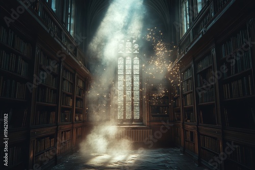 Dimly lit library with a ray of light shining through a window, illuminating dust particles floating in the air and creating an antique, mysterious vibe. photo