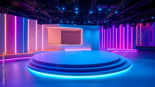 Futuristic neon-lit stage with circular platform and vibrant purple and blue lighting. photo