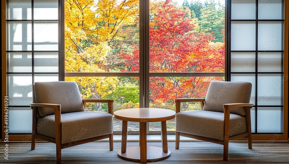Fototapeta premium Autumnal View: Two Armchairs Facing Colorful Fall Foliage Through a Large Window, Serene Tranquility.
