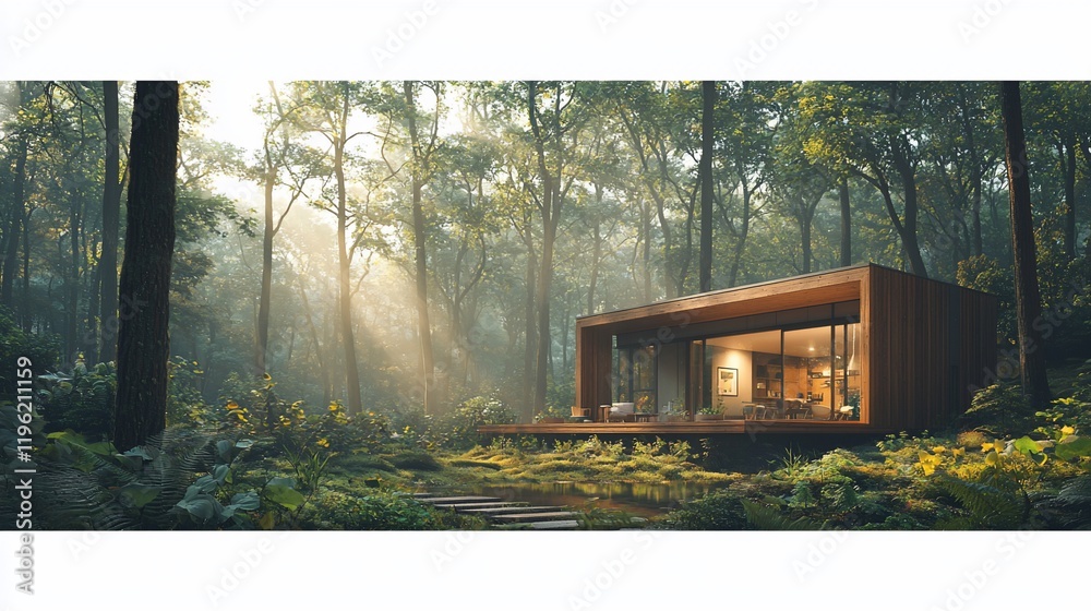 Fototapeta premium Modern cabin in a sunlit forest. (1)