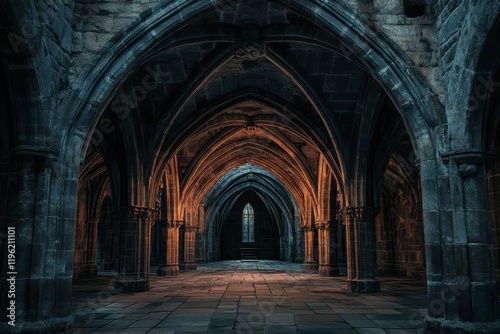 Gothic architecture design, with intricate dark arches and stone textures, illuminated by subtle lighting that highlights the detailed patterns.