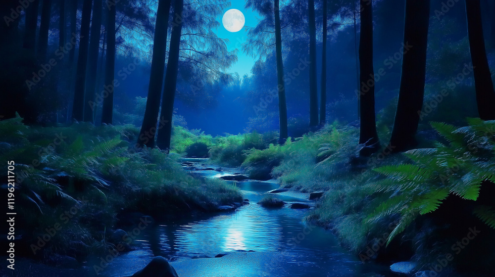 Obraz premium Enchanting Night Woodland Scene with Moonlit Reflections