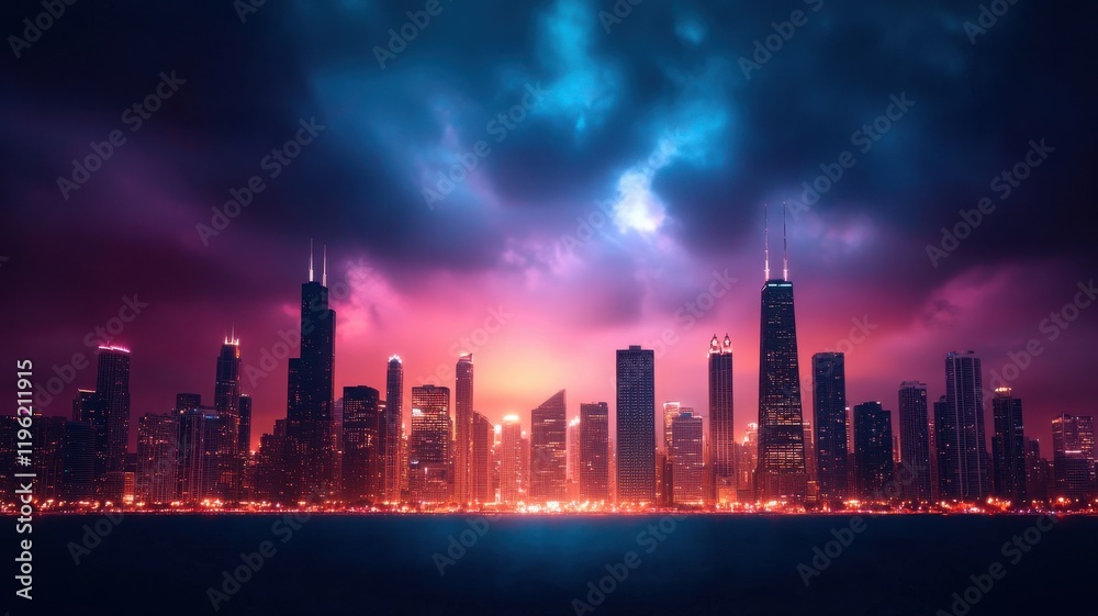 Fototapeta premium A vibrant city skyline illuminated by colorful lights under a dramatic sky.