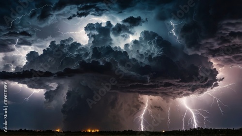 A dramatic thunderstorm sky filled with dark, swirling clouds and flashes of lightning, capturing the intensity and power of nature in a striking and atmospheric scene. photo