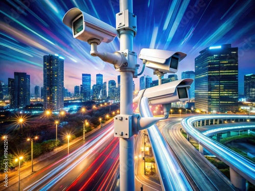 Long Exposure CCTV Security Cameras Night Cityscape Tech Surveillance Pole Isolated Background photo