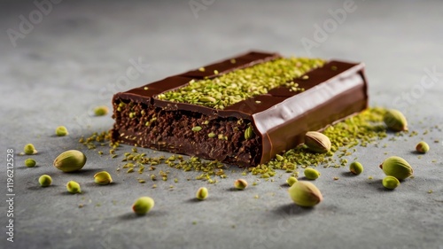 Dubai chocolate bar cut in half with green pistachio kadayif filling with ingredients around.  photo