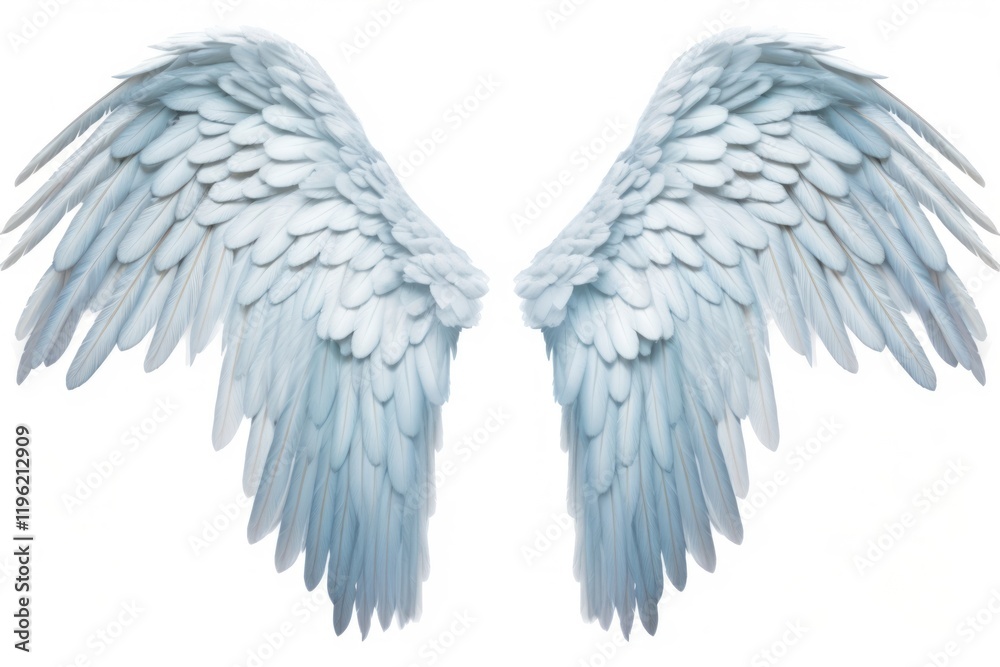 Obraz premium Light blue feather angel wings white bird white background.