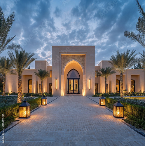 Precise architectural photography showcasing a modern arabesque villa. browns and beiges. Diffused shadows and subtle illumination، surrounding date palm trees photo