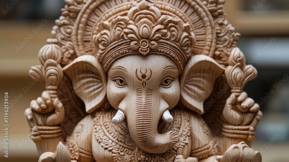 Obraz premium Intricate Wooden Sculpture of Elephant Deity in a Workshop Setting