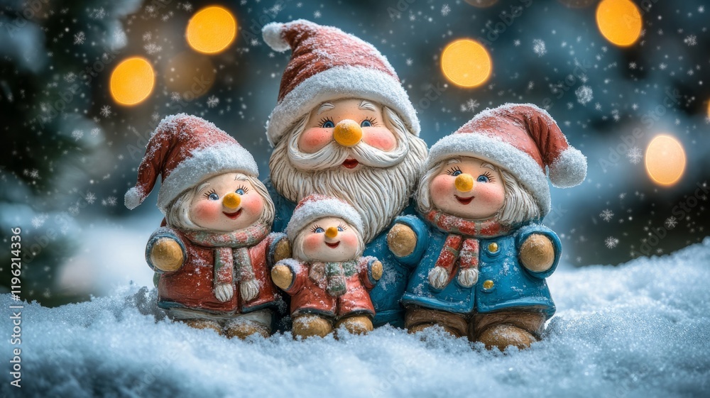 A heartwarming Christmas family scene Santa with snowmen in snowy night A heartwarming Christmas family scene Santa with snowmen in snowy night