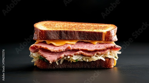 Delicious gourmet sandwich with layers of meat and cheese on toasted bread, perfect for food photography photo