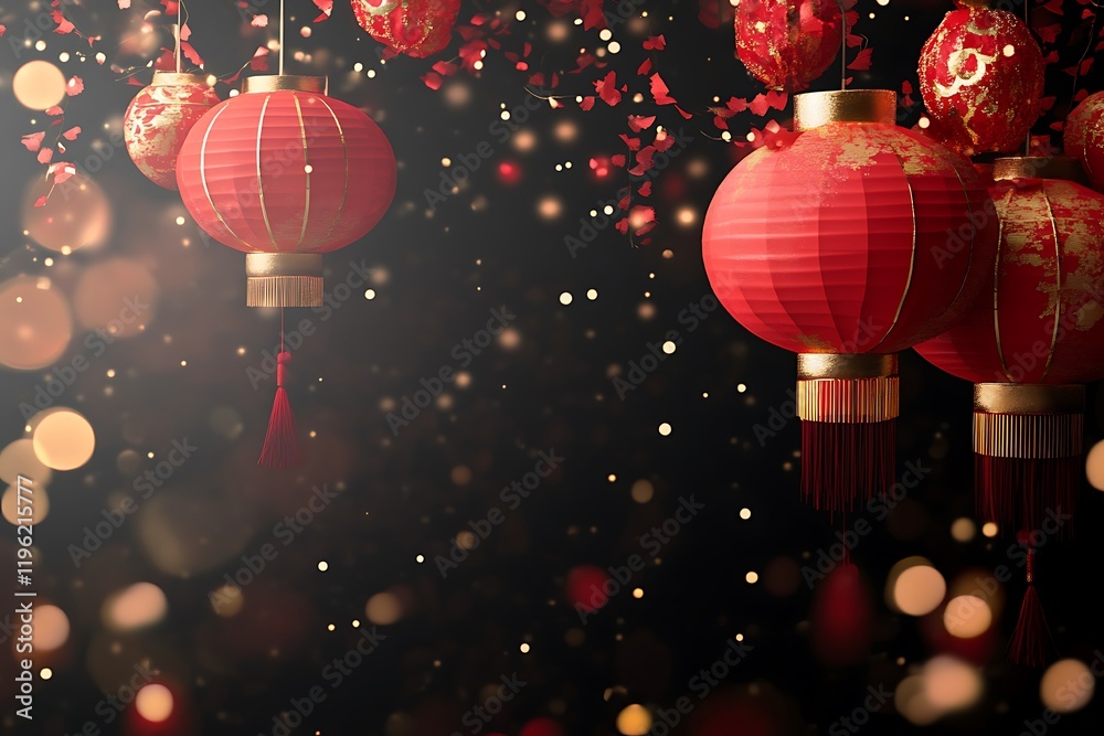 Chinese New Year Celebration with Red Lanterns Festooning the Streets and Traditional Decor. Chinese New Year Celebration with Red Lanterns Festooning the Streets and Traditional Decor.