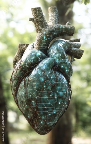 Realistic human heart fused with glowing AI circuits and neural patterns, blending organic form with futuristic tech in an eco-friendly medical setting. photo