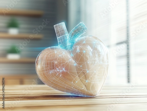 Realistic human heart fused with glowing AI circuits and neural patterns, blending organic form with futuristic tech in an eco-friendly medical setting. photo